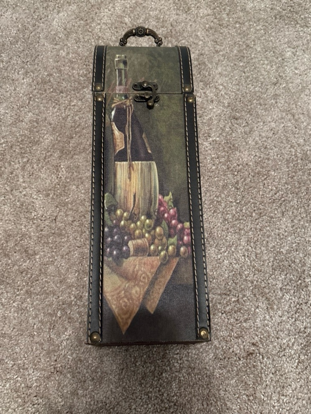 Decorative Wine Bottle Box in Olive Green with Grape Motif